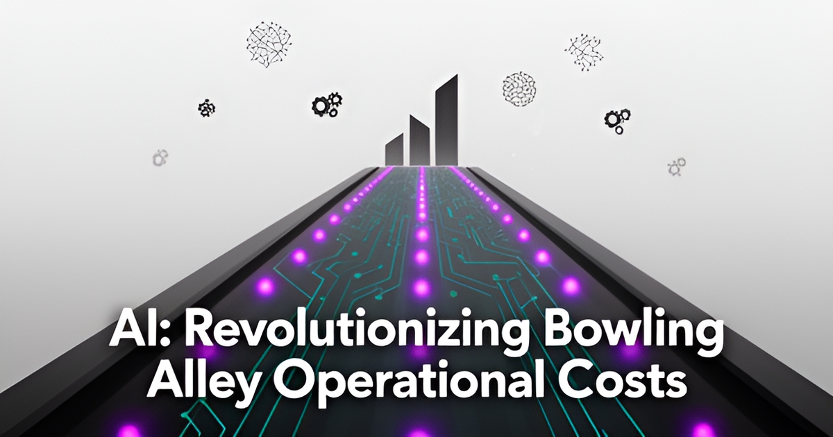 Flat illustration of a futuristic bowling lane with AI circuitry, data icons, and brand-color accents, highlighting cost reduction.