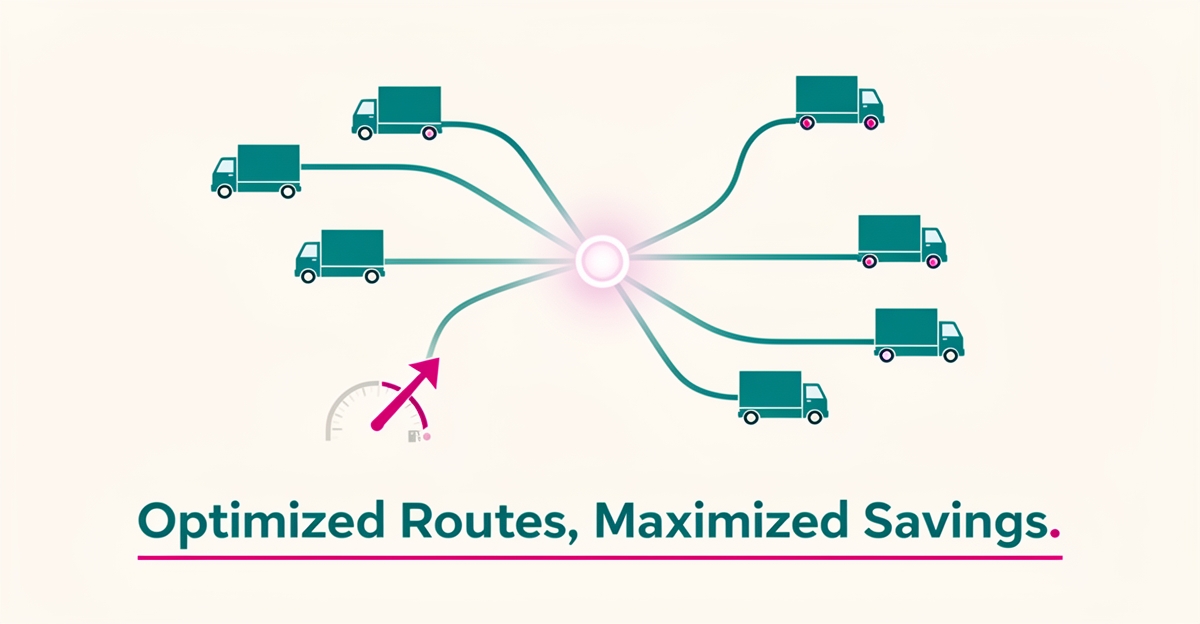 Flat illustration of trucks on optimized route lines converging at a glowing node, symbolizing AI-driven fuel savings for fleet managers.