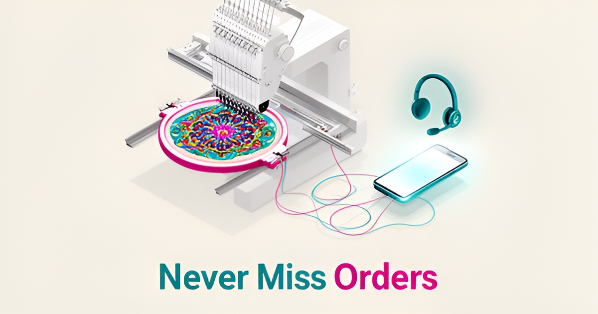 Flat illustration of an embroidery machine and AI call assistant icons connected by thread, with the headline Never Miss Orders.