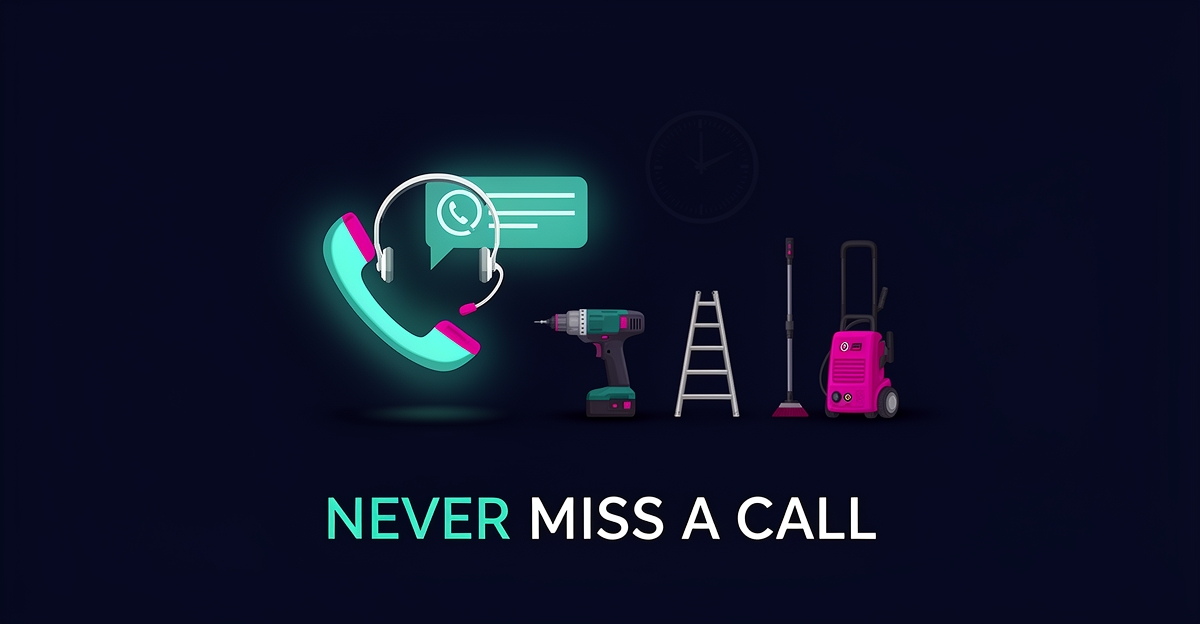 Flat illustration of a tool rental shop at night with glowing phone and AI headset icons in teal and magenta, symbolizing 24/7 automated call answering.