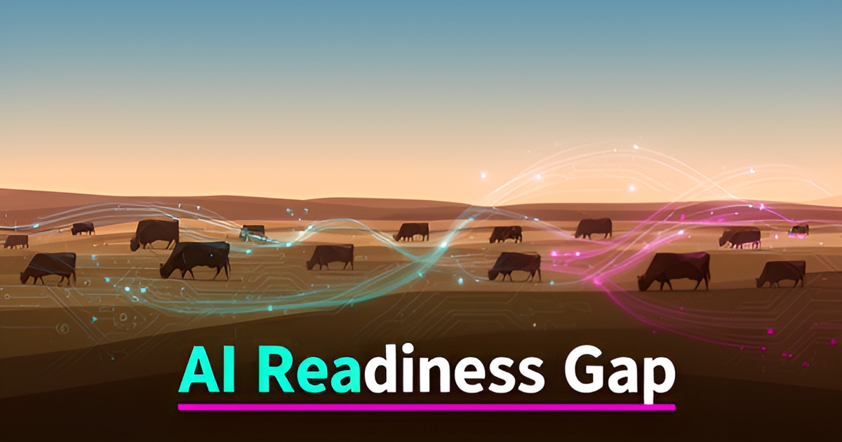 Flat illustration of a Texas cattle ranch overlaid with glowing digital circuit streams, symbolizing the readiness gap in ranch AI adoption.