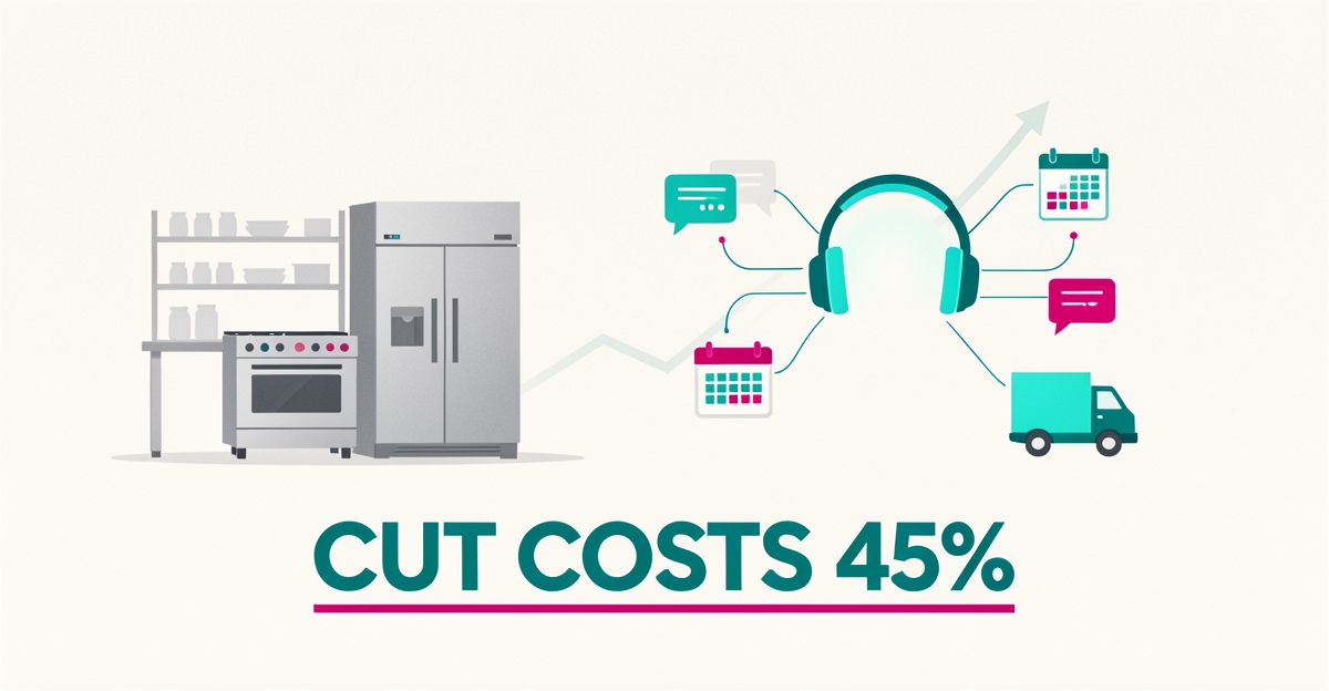 Flat illustration of restaurant equipment connected to an AI call automation hub with teal and magenta accents and a 45% cost-cutting headline.