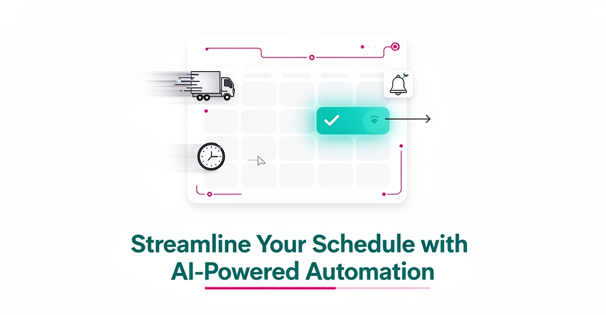 Flat illustration of an AI scheduling calendar with a moving truck and reminder icons, highlighting automated appointment confirmations for moving companies.