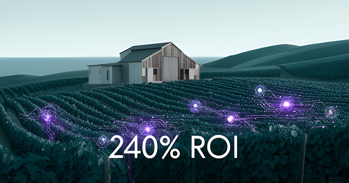 Flat illustration of a Nova Scotia vineyard with digital AI data lines and the headline 240% ROI.