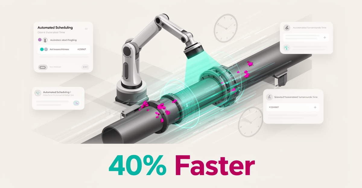 Flat illustration of an AI scanning arm inspecting machinery with teal and magenta accents, headline reading 40% Faster.