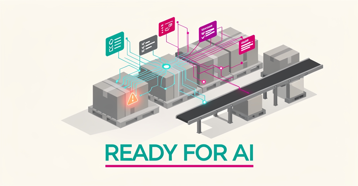 Flat illustration of a tobacco distribution warehouse with crates and a glowing AI circuit network, accented in teal and magenta.