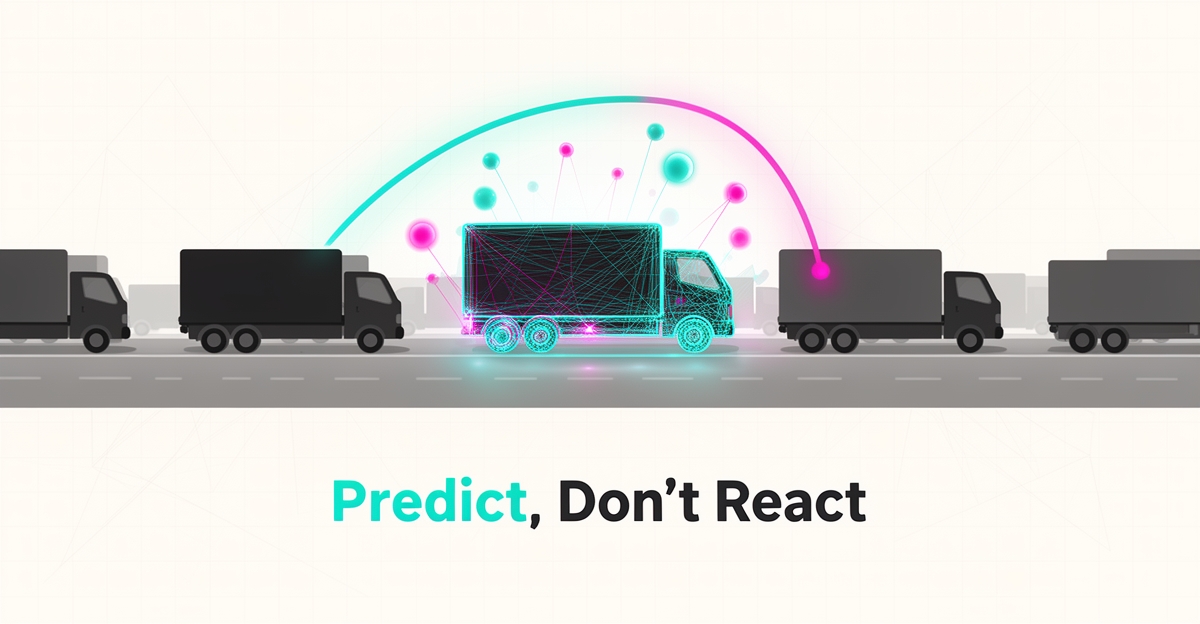 Flat illustration of a fleet truck rendered as a glowing AI wireframe with predictive data curves, accented in teal and magenta, with the headline Predict, Don't React.