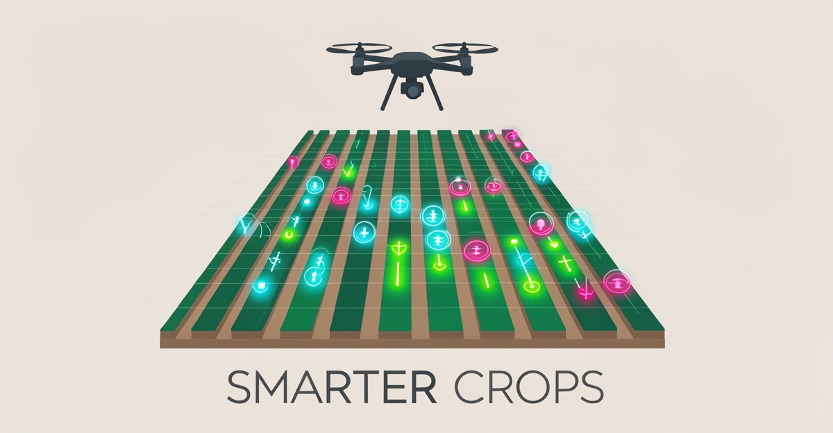 Flat illustration of a drone scanning crop fields with AI data highlights showing early disease detection in teal and magenta accents.