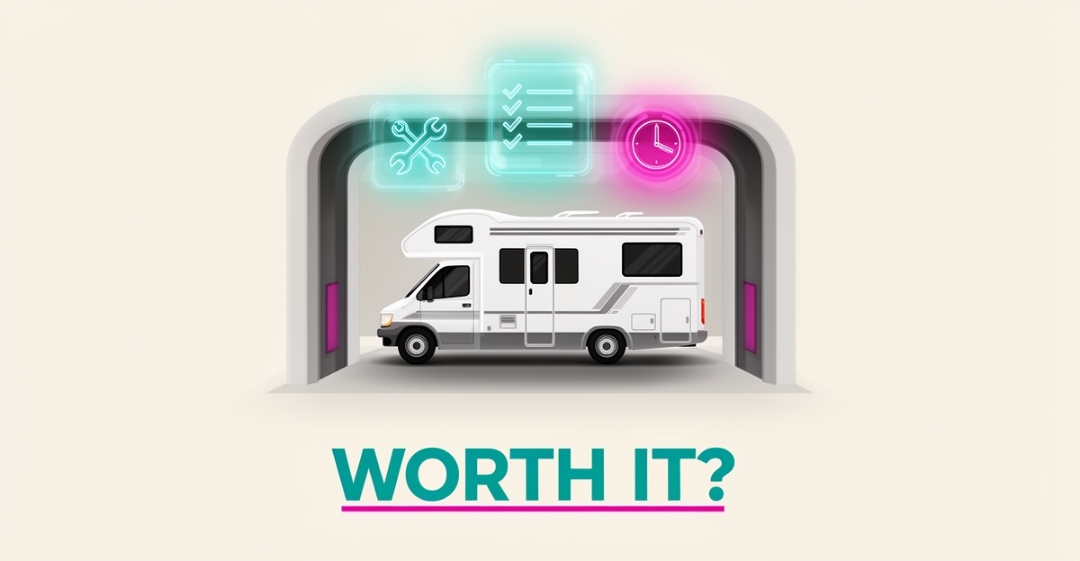 Flat illustration of an RV in a service bay with AI diagnostic icons, accented in teal and magenta, with headline reading WORTH IT?