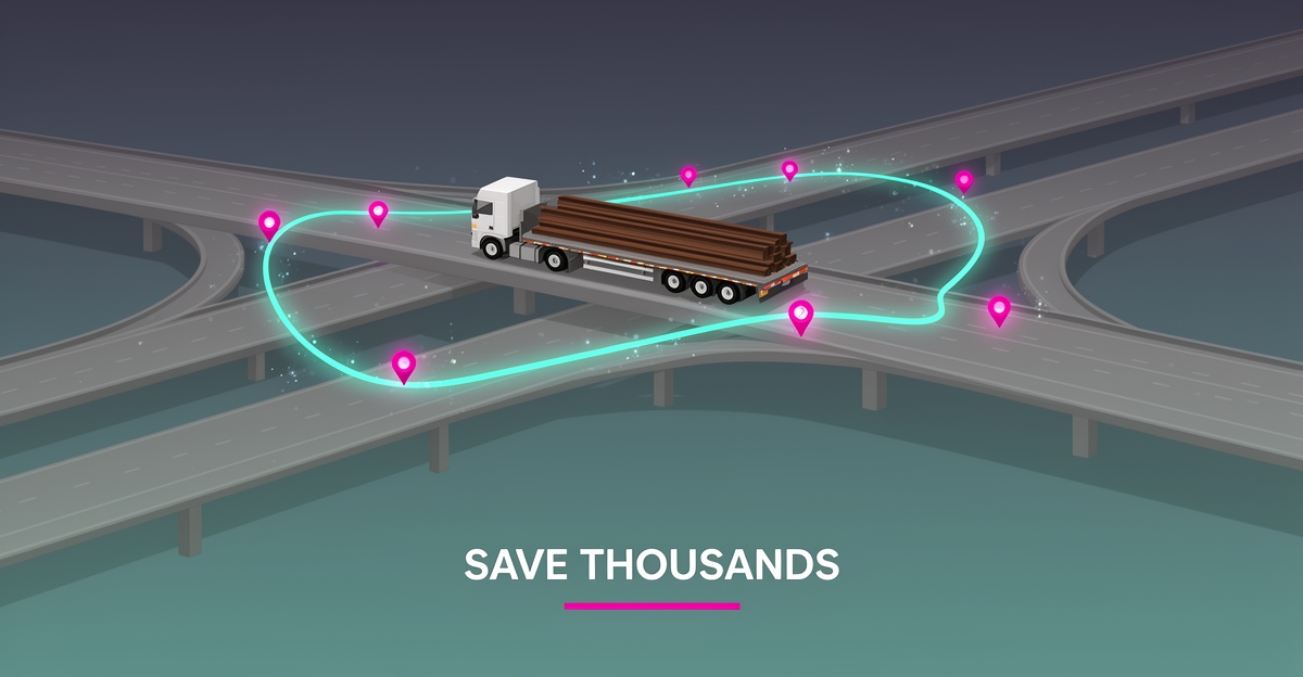 Flat vector illustration of a flatbed truck on a highway with a glowing AI-optimized route in teal and magenta accents, headline reading Save Thousands.