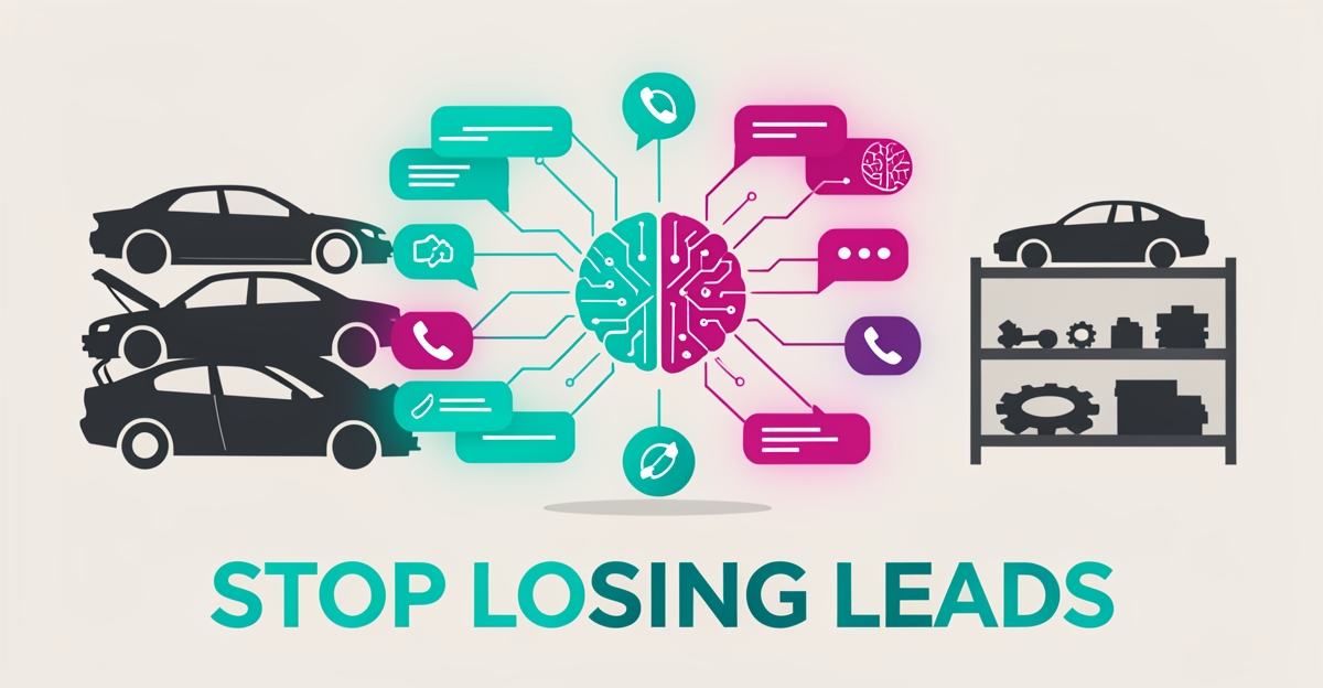 Flat illustration of a salvage yard with glowing AI network lines capturing lead icons, headline reading Stop Losing Leads.