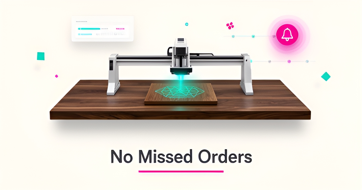 Flat illustration of an AI-monitored laser engraving machine with live availability dashboard and customer notification icons in teal and magenta.