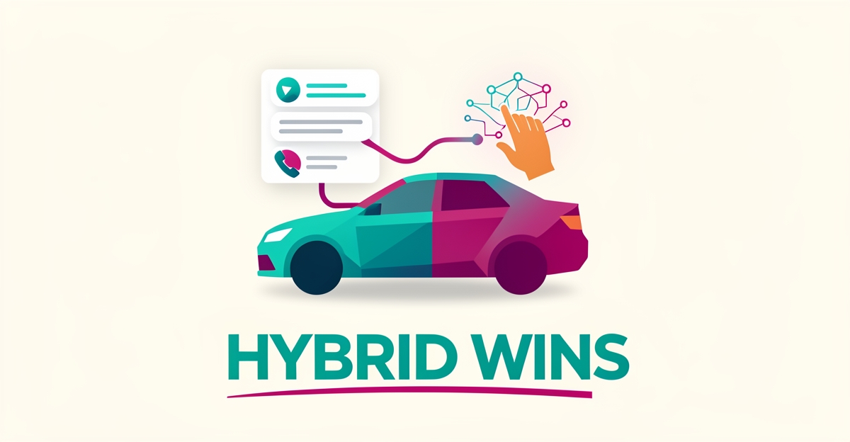 Flat illustration of AI chat and human support icons connected above a stylized car, with headline reading HYBRID WINS.