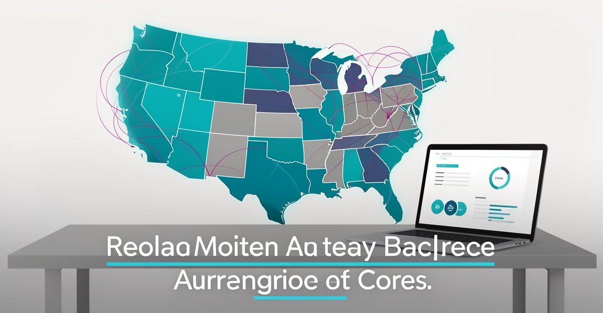 A clean flat illustration of a U.S. map highlighting 48 states allowing DTC wine shipping, with AI data lines and compliance visuals, featuring the headline 'Track Regulation Shifts' in the lower third