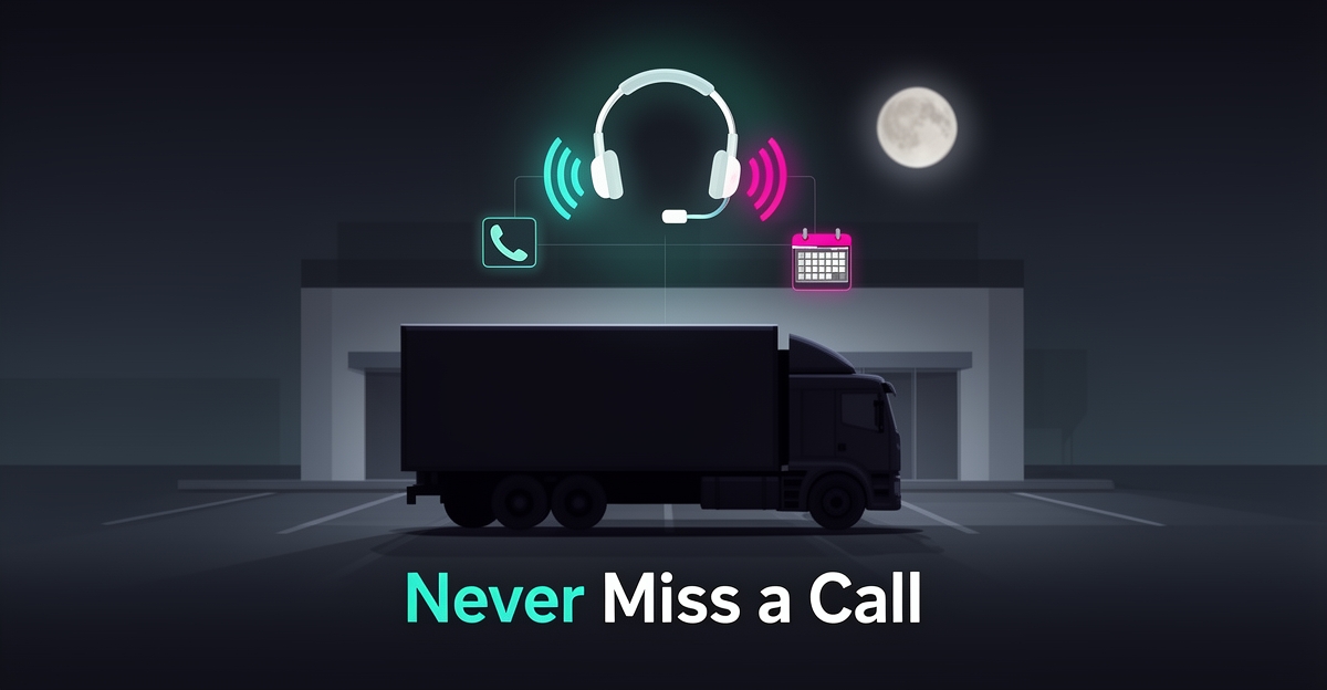 Flat illustration of a semi truck under a glowing AI headset icon with call soundwaves, symbolizing 24/7 AI call answering for truck dealerships.