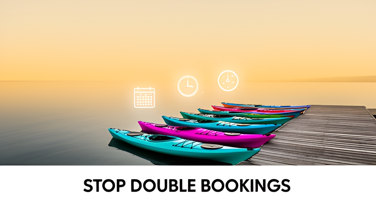 Flat illustration of kayaks on a dock with digital scheduling icons, symbolizing AI-powered booking automation for kayak rental businesses.