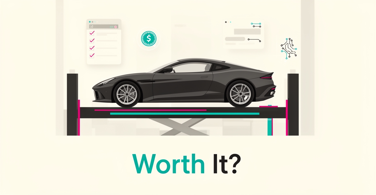 Flat illustration of a European car on a workshop lift with AI automation icons in teal and magenta accents.