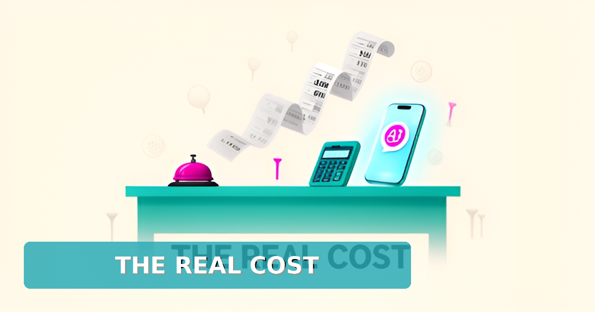 Flat illustration of an empty driving range front desk with rising cost receipts next to a glowing AI receptionist smartphone in teal and magenta.