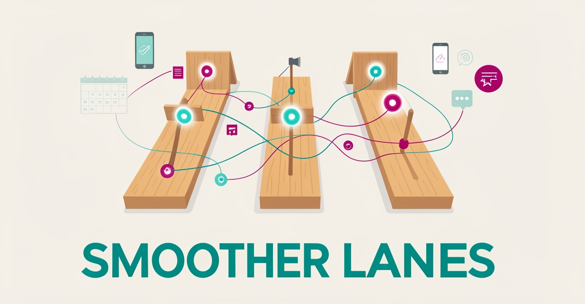 Flat illustration of axe throwing lanes with glowing digital flow lines symbolizing AI guest flow management, teal and magenta accents.