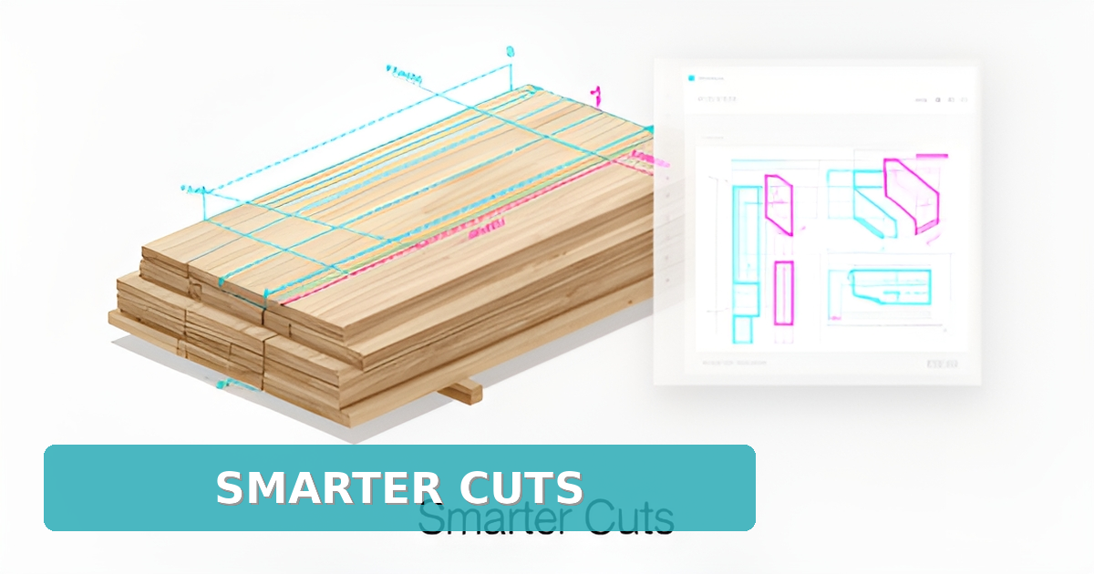 Flat illustration of lumber planks with AI-optimized cutting lines and a digital interface panel, accented in teal and magenta.