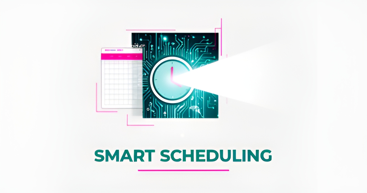 Flat illustration of a clock and calendar merging with circuit patterns and a glowing headlight beam, titled Smart Scheduling.