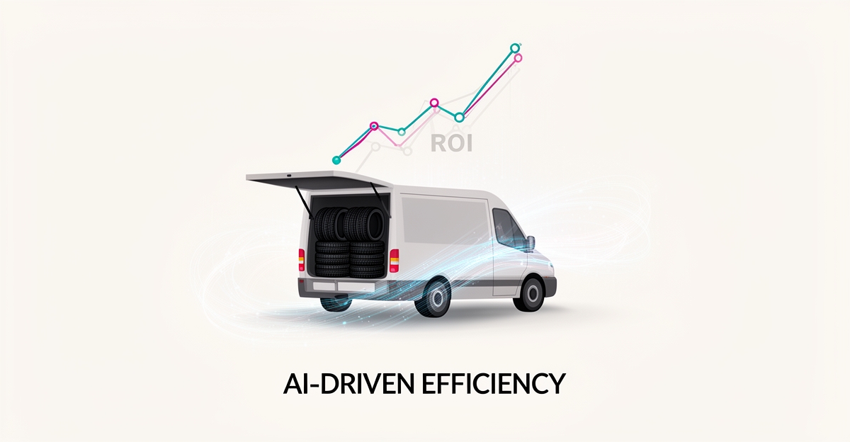 Flat illustration of a mobile tire service van with tires and a rising ROI chart, accented in teal and magenta, with headline 'AI: Worth It?'