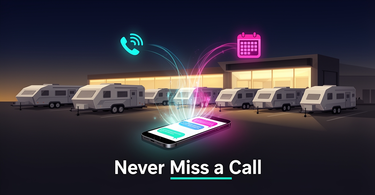 Flat illustration of a trailer dealership at dusk with a glowing smartphone chat interface connecting calls and bookings, headline reading Never Miss a Call.