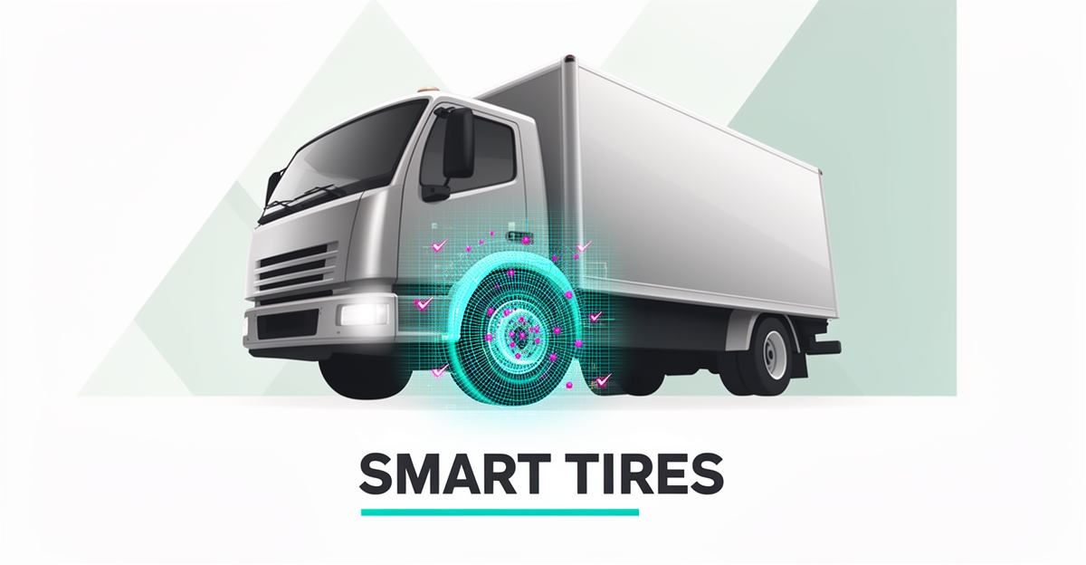 Flat illustration of a fleet truck tire being scanned by AI detection graphics in teal and magenta with the headline Smart Tires.