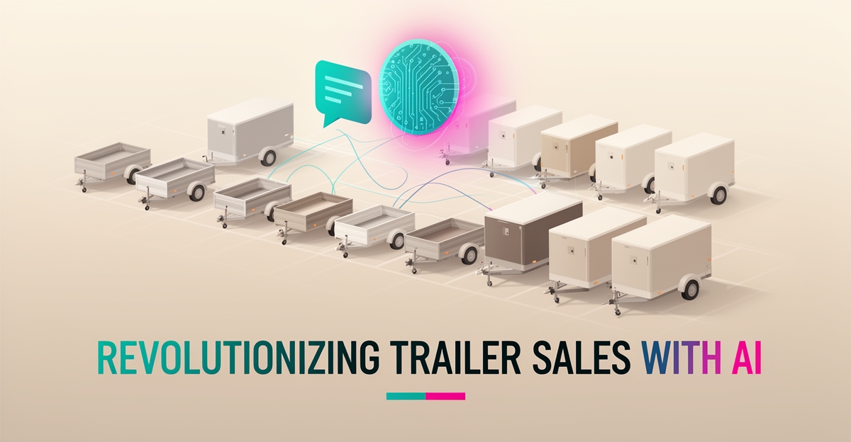Flat illustration of a trailer dealership with an AI assistant icon in teal and magenta, symbolizing automated lead response and inventory management.