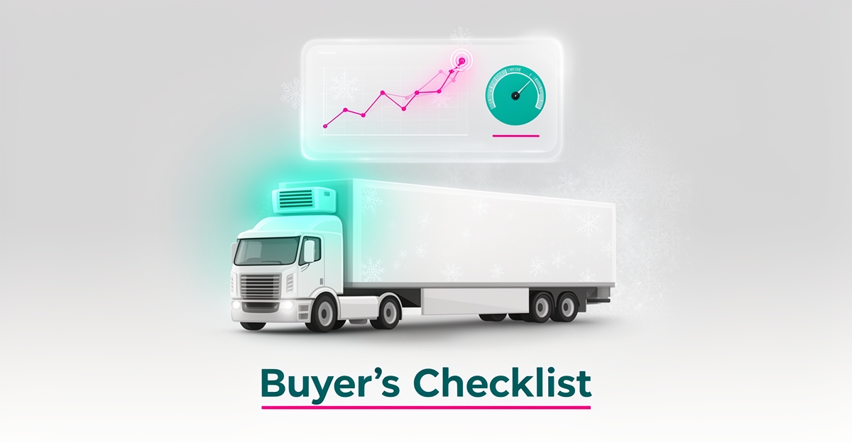 Flat illustration of a refrigerated truck with predictive AI dashboard showing temperature alerts, titled Buyer's Checklist.