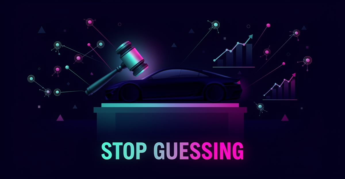 Flat illustration of a car on an auction pedestal linked to AI data nodes with headline Stop Guessing, symbolizing AI-driven bidding efficiency.