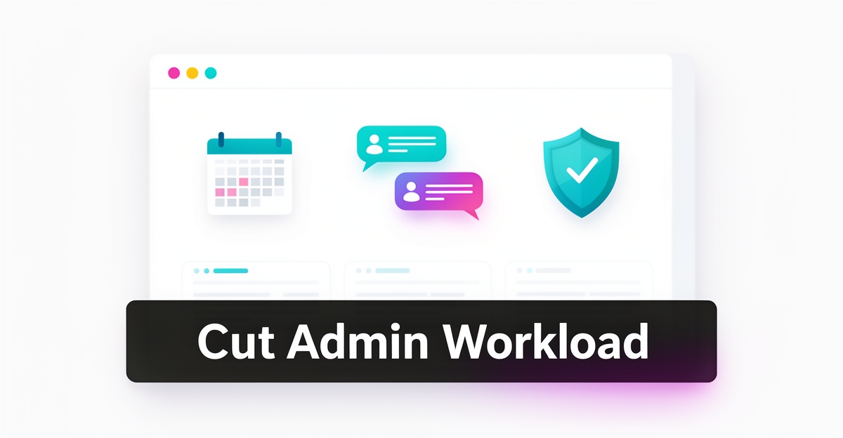 A minimalist flat illustration of a youth sports management dashboard with scheduling, communication, and privacy icons, featuring brand-colored accents and the headline 'Cut Admin Workload' in the lower third.