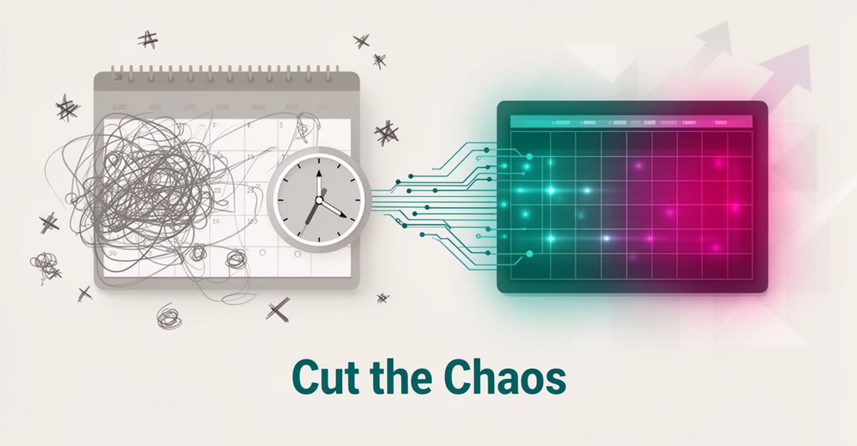 Flat illustration of a chaotic manual calendar transforming into an AI-organized schedule with teal and magenta accents, headline reading Cut the Chaos.