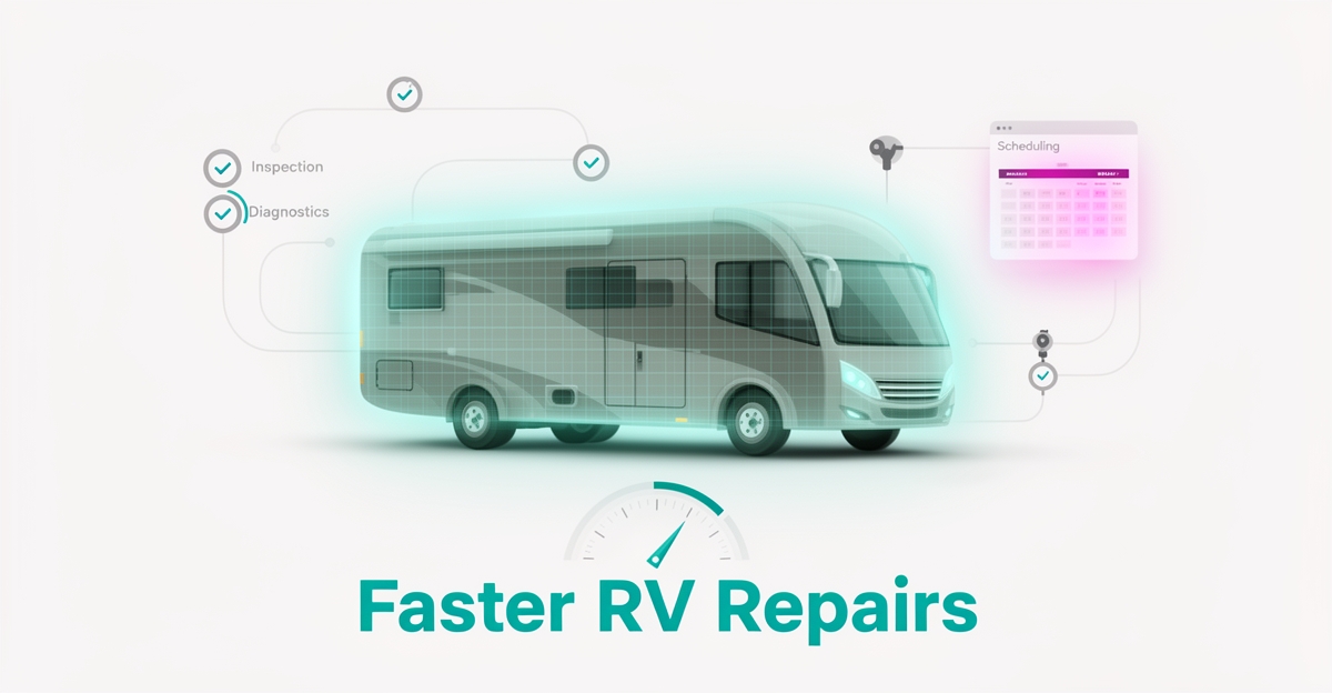 Flat illustration of an RV in a service bay with AI diagnostic overlays and workflow icons in teal and magenta, headlined Faster RV Repairs.