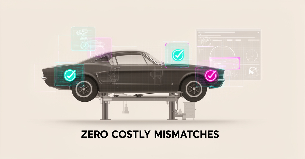Flat illustration of a vintage car on a lift with AI-powered digital part verification overlays in teal and magenta accents.