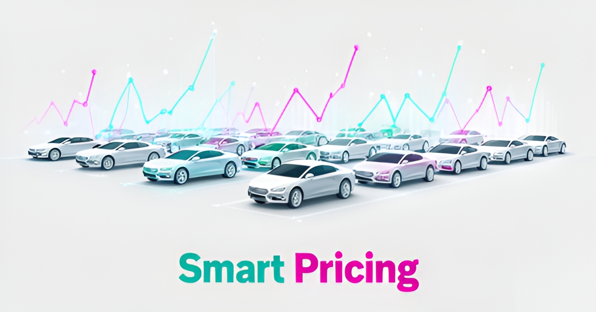 Flat illustration of a car fleet under AI-driven dynamic pricing graphs in teal and magenta, titled Smart Pricing.