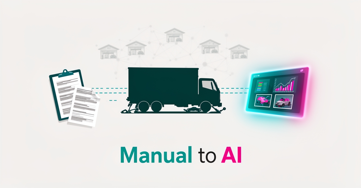 Flat illustration of a fleet truck in a repair shop transitioning from paper documents to an AI-powered digital dashboard, with Manual to AI headline.