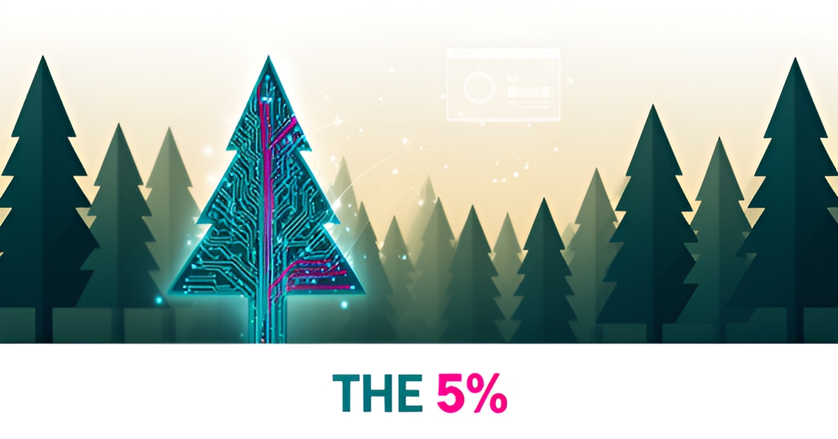 Flat illustration of a digital circuit-patterned tree glowing among stylized pines, symbolizing successful AI adoption in timber harvesting.