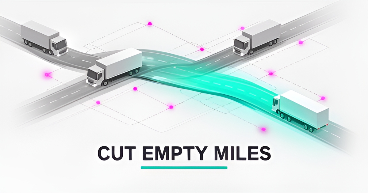 Flat illustration of trucks on optimized routes with glowing teal paths, highlighting how AI dispatching reduces empty miles and improves fleet utilization.