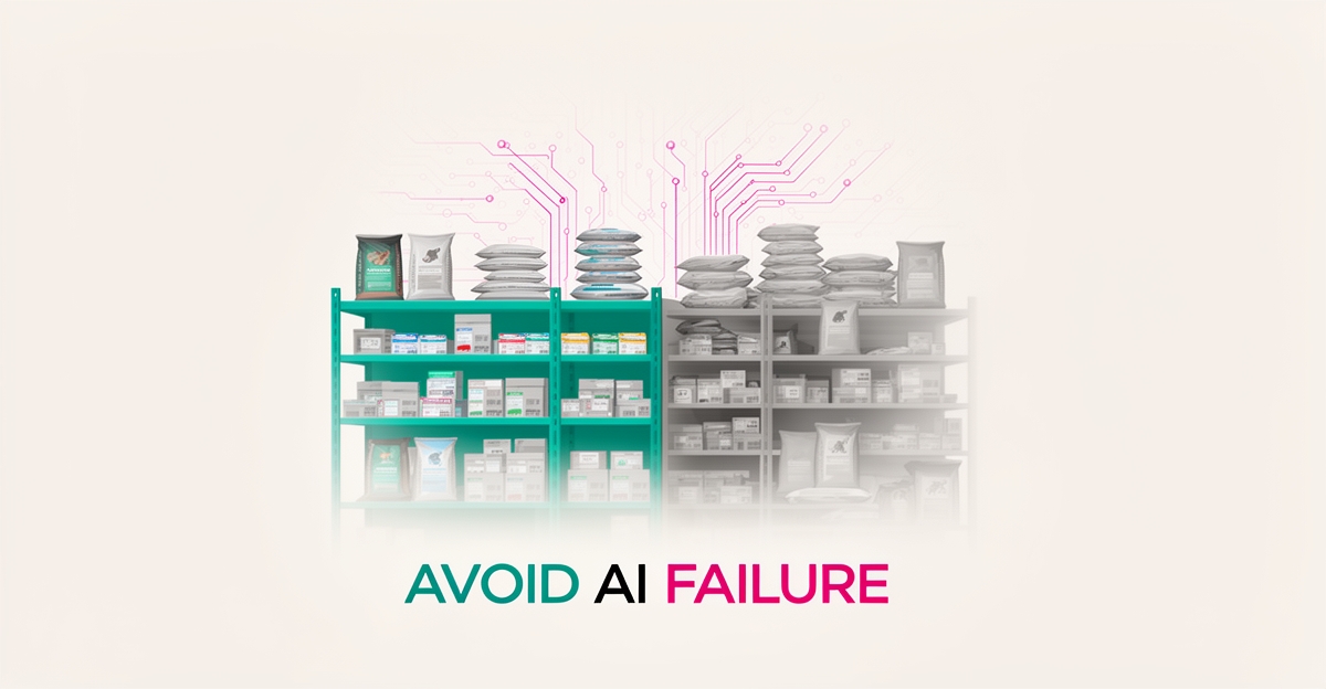 Flat illustration of a veterinary feed store with organized teal shelves and an abstract AI layer, headlined AVOID AI FAILURE.