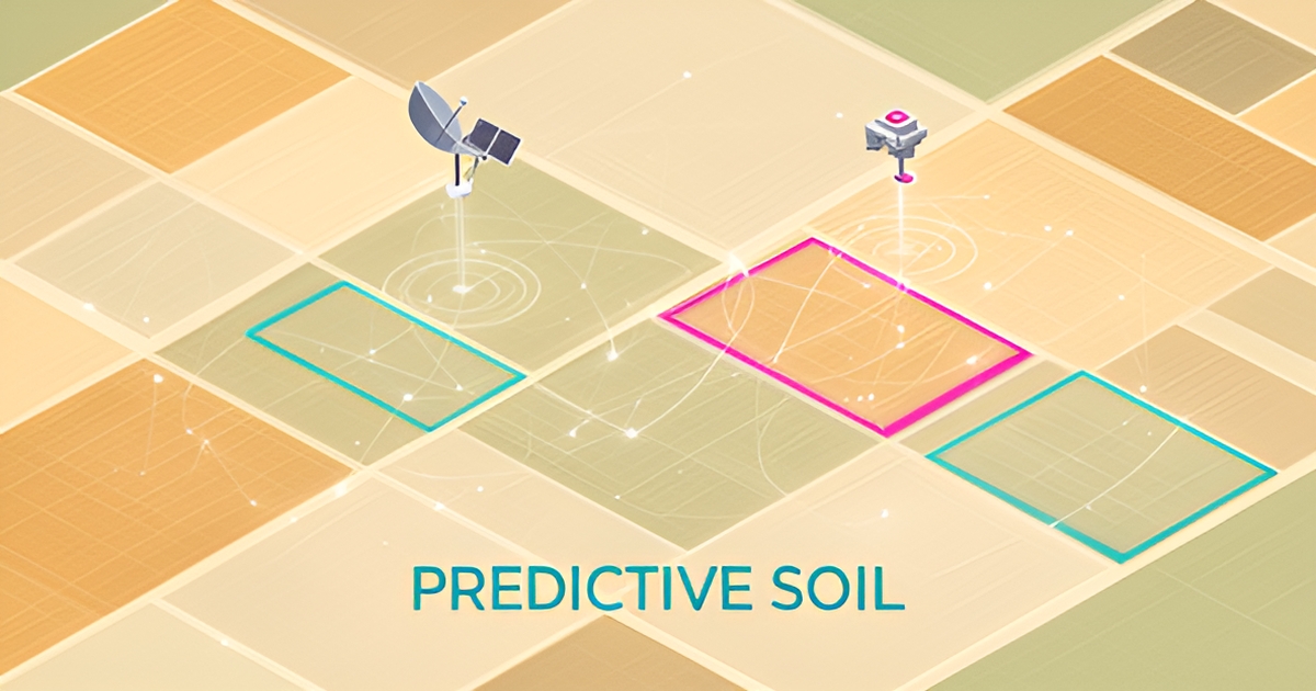 Flat illustration of aerial farm fields overlaid with a digital data grid, satellite, and sensor nodes in teal and magenta accents.