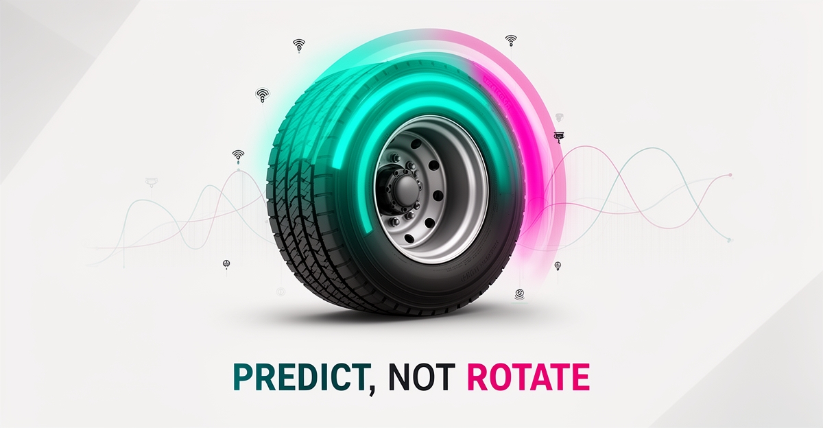 Flat illustration of a truck tire with AI tread-wear analytics in teal and magenta, headline Predict, Not Rotate.