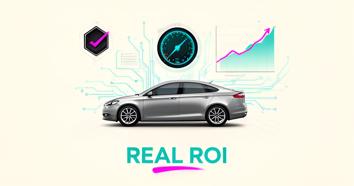 Flat illustration of a rental car connected to AI data icons like charts and checkmarks, with the headline Real ROI.
