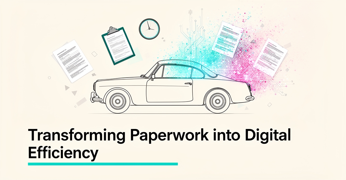 Flat illustration of a classic car surrounded by paperwork dissolving into digital particles, symbolizing automated onboarding.