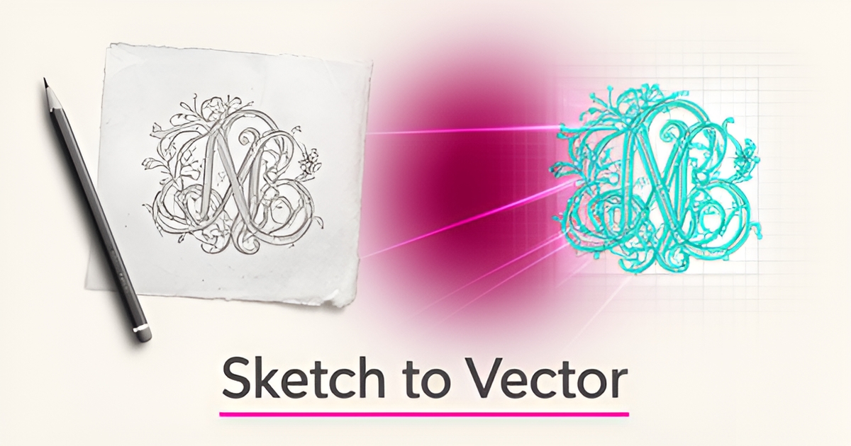 Flat illustration showing a hand-drawn engraving sketch transforming into a clean AI-generated teal and magenta vector design.