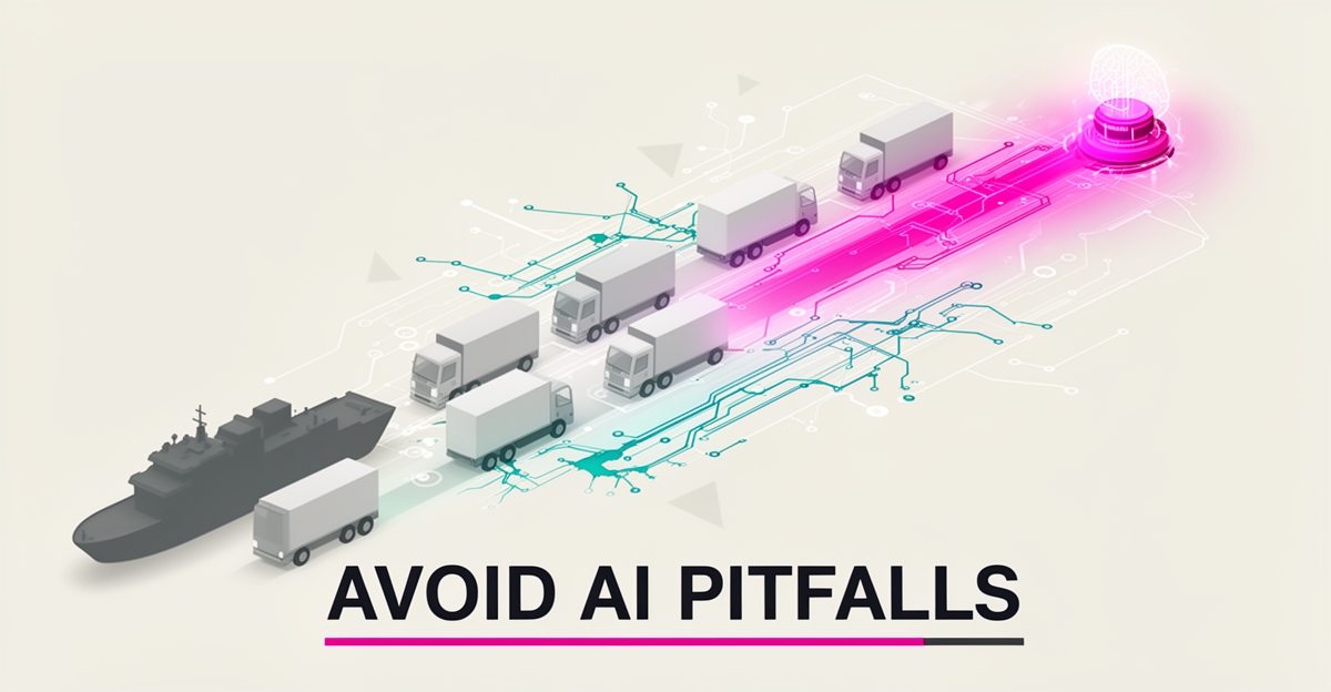 Flat illustration of fleet trucks and a vessel linked by AI circuit lines, with broken paths and one successful glowing connection, headlined 'Avoid AI Pitfalls'.