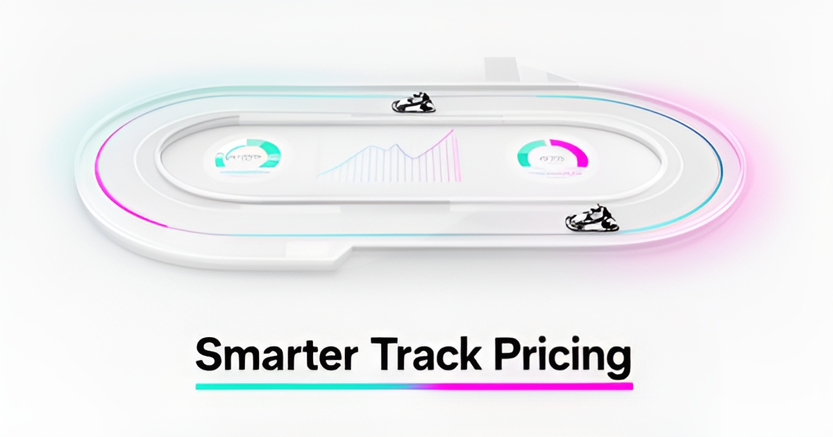Flat illustration of a go-kart track with data graphs and pricing elements, accented in teal and magenta, with headline 'Smarter Track Pricing'.