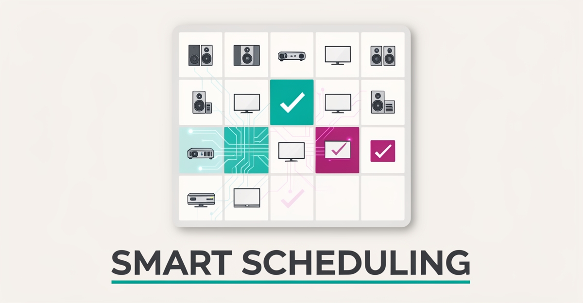 Flat illustration of an AI-optimized calendar sorting AV rental equipment icons, with SMART SCHEDULING headline in teal and magenta accents.