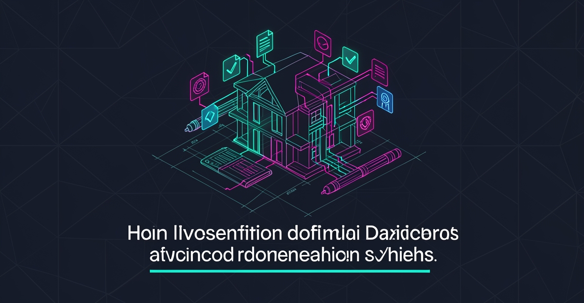 Flat illustration of an architectural blueprint with AI circuit lines and compliance icons, symbolizing AI-driven project documentation automation.