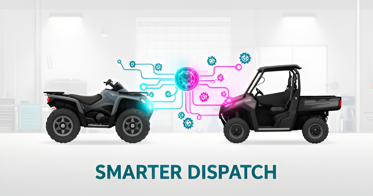 Flat illustration of an ATV and UTV in a workshop connected to an AI scheduling hub with teal and magenta accents.